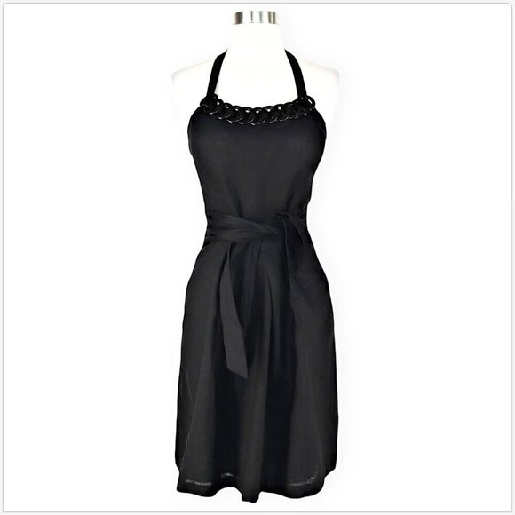 Lafayette 148 NY Black Linen Halter O Ring Chain Neck Tie Belt Summer Dress 2 - Picture 2 of 5